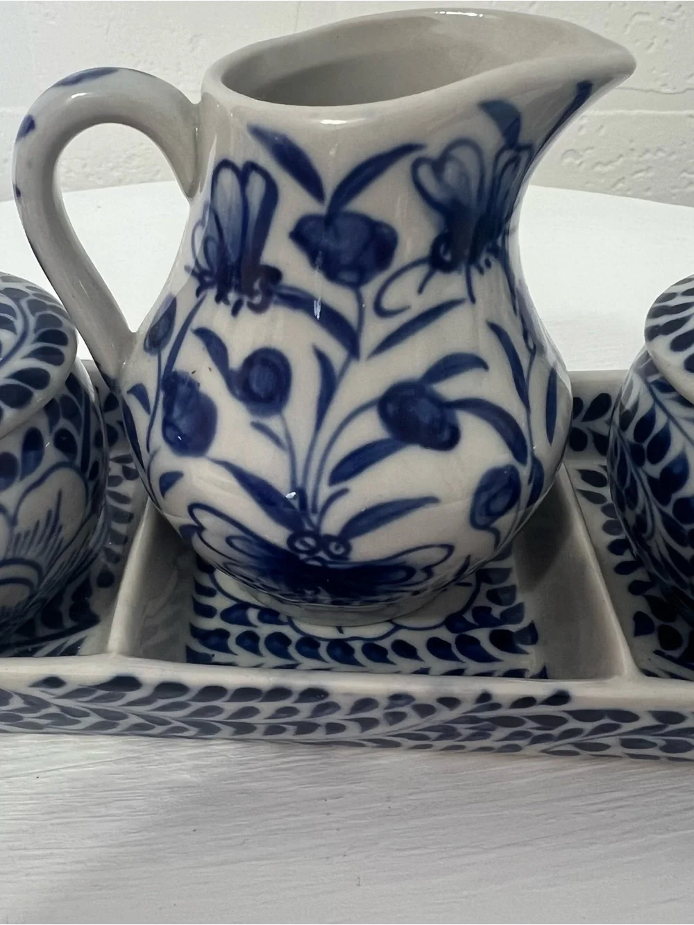 Vintage Blue White Talavera Style Floral Sugar Cream Condiment Set Tray & Spoons